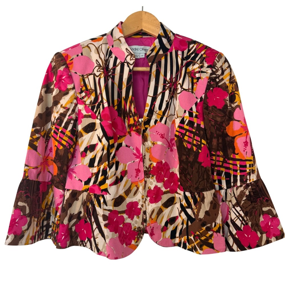 Andre Oliver Floral Peplum Bell Sleeve Womens Jacket Size 6 Sleeve Zip Closure